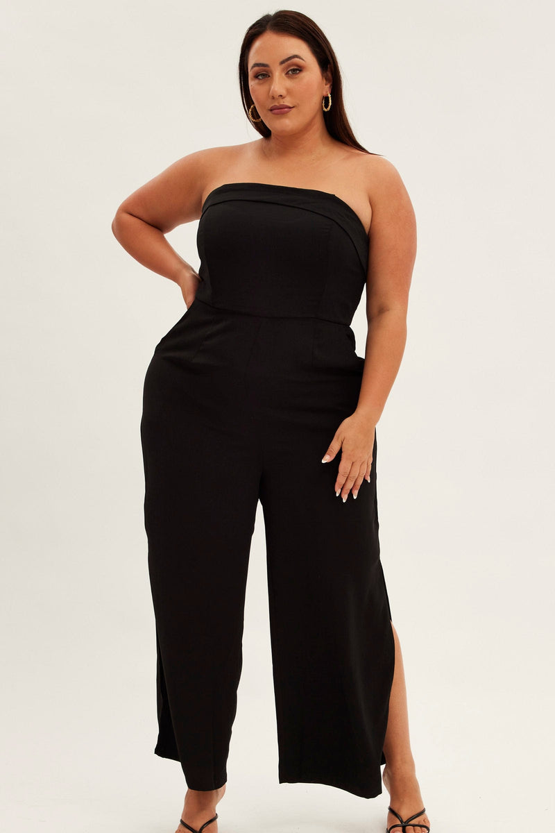 Black Strapless Jumpsuit Detachable Straps Split Leg