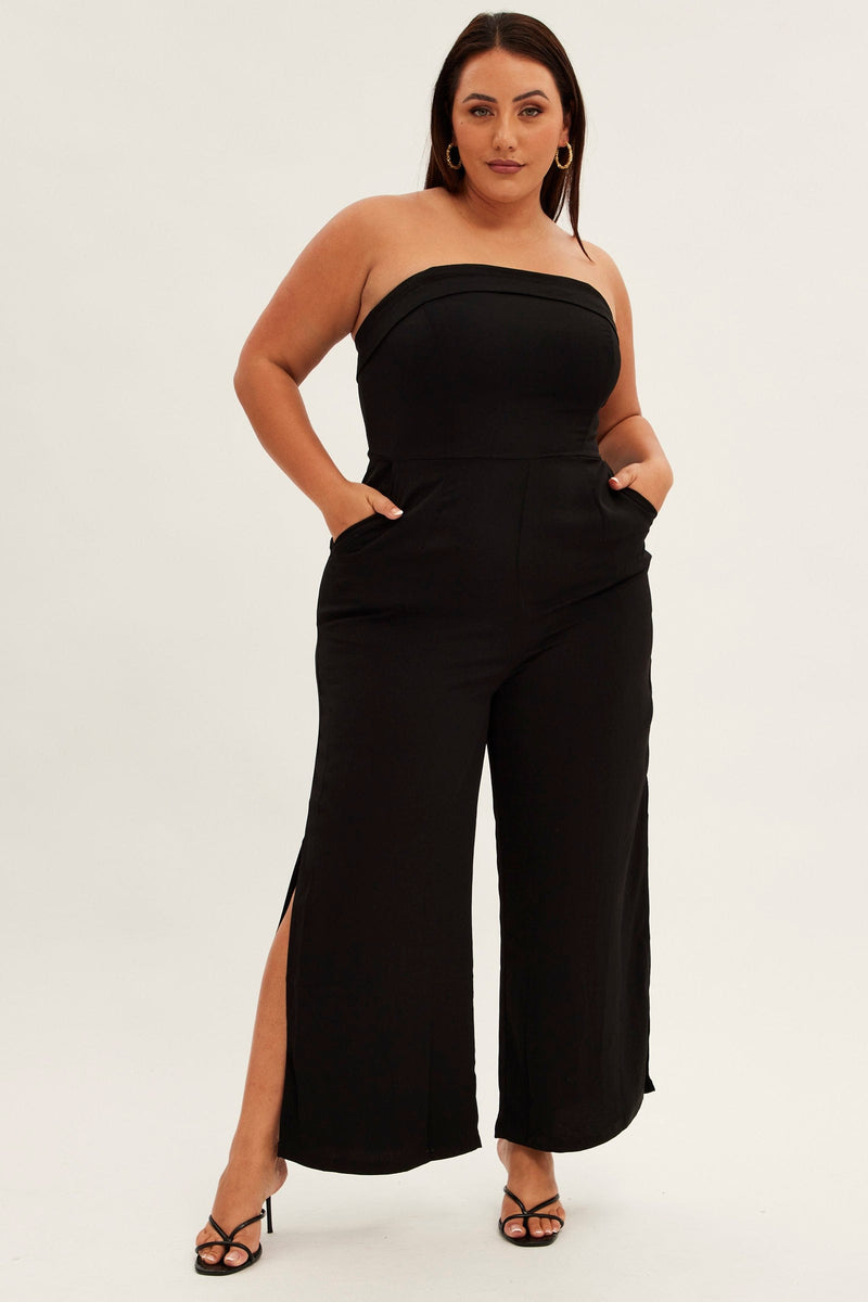 Black Strapless Jumpsuit Detachable Straps Split Leg