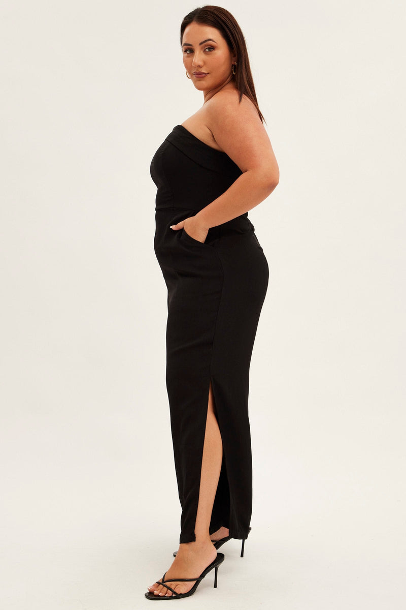 Black Strapless Jumpsuit Detachable Straps Split Leg