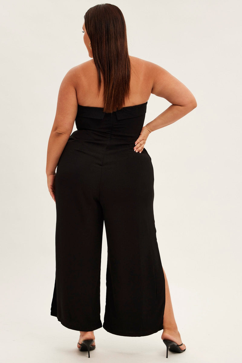Black Strapless Jumpsuit Detachable Straps Split Leg