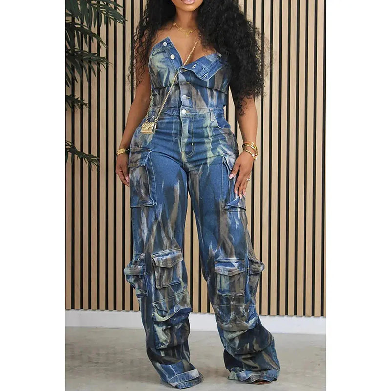 FZ Women's Plus Size Camouflage Off-the-shoulder Workwear Denim Jumpsuit
