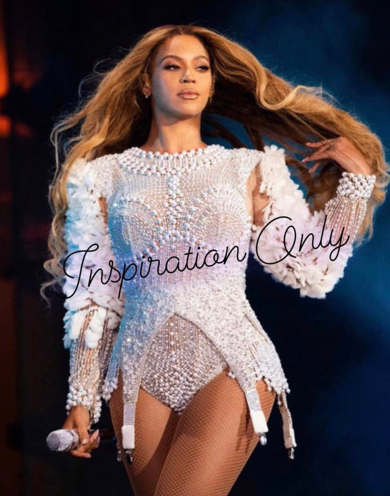 Zara Rhinestone Bodysuit / Flower Ruffle Sleeves with Pearls l Festival Jumpsuit / Glamorous Wedding Leotard / NYE Crystal Catsuit Burning Man / Dancer Performer Leotard