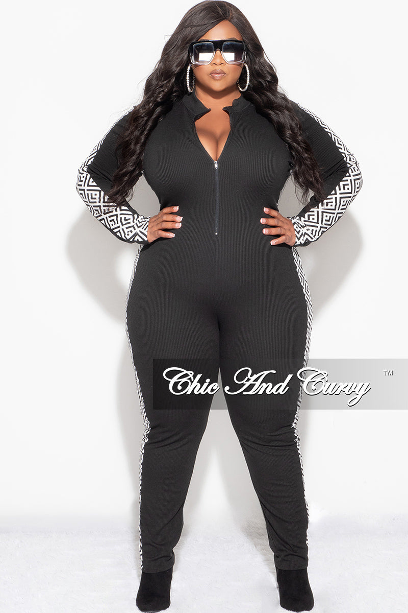Final Sale Plus Size Knit Rib Zip Up Jumpsuit in Black with White and Black Design Print