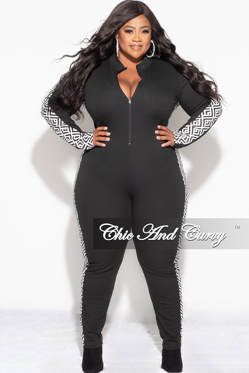 Final Sale Plus Size Knit Rib Zip Up Jumpsuit in Black with White and Black Design Print