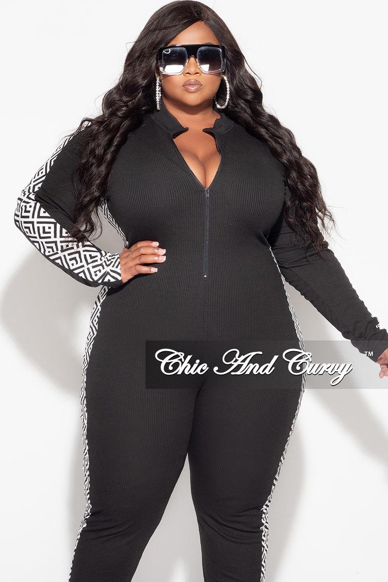 Final Sale Plus Size Knit Rib Zip Up Jumpsuit in Black with White and Black Design Print