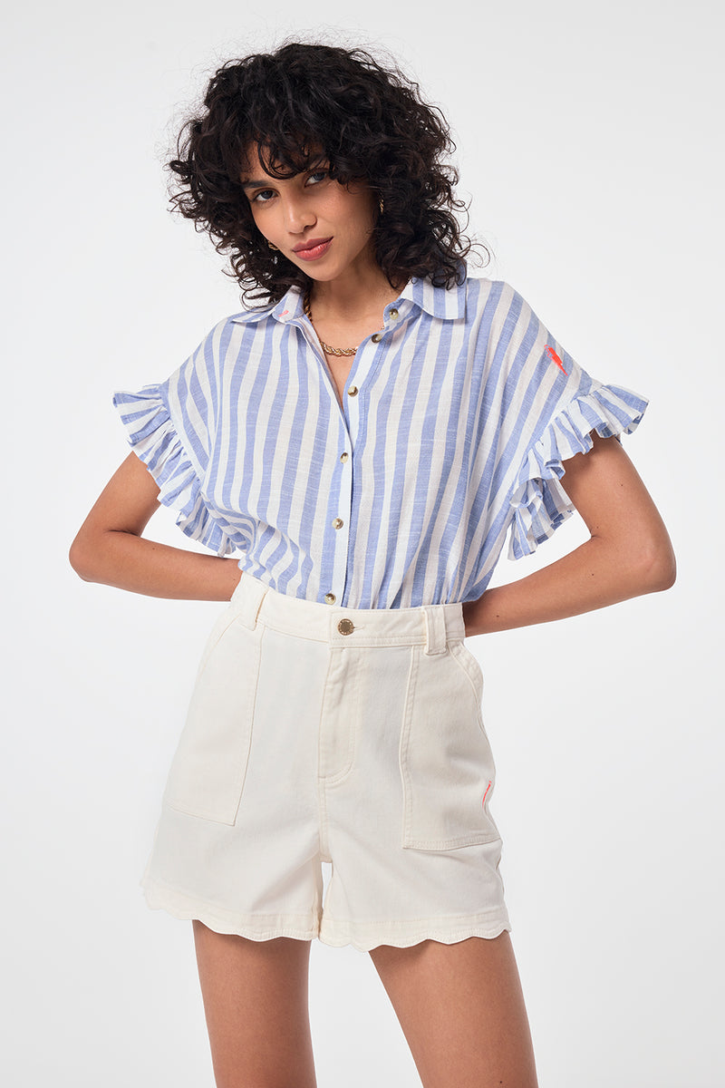 Ecru Scallop Denim Shorts