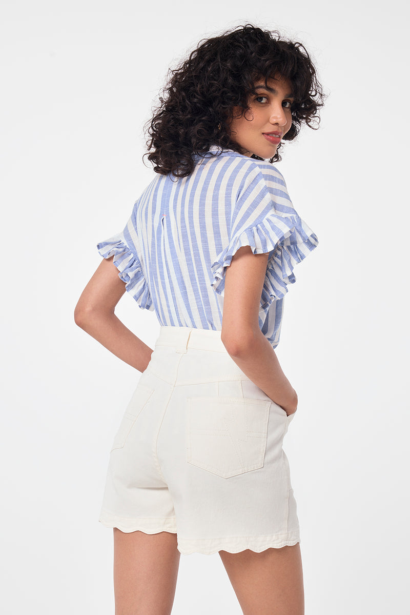 Ecru Scallop Denim Shorts
