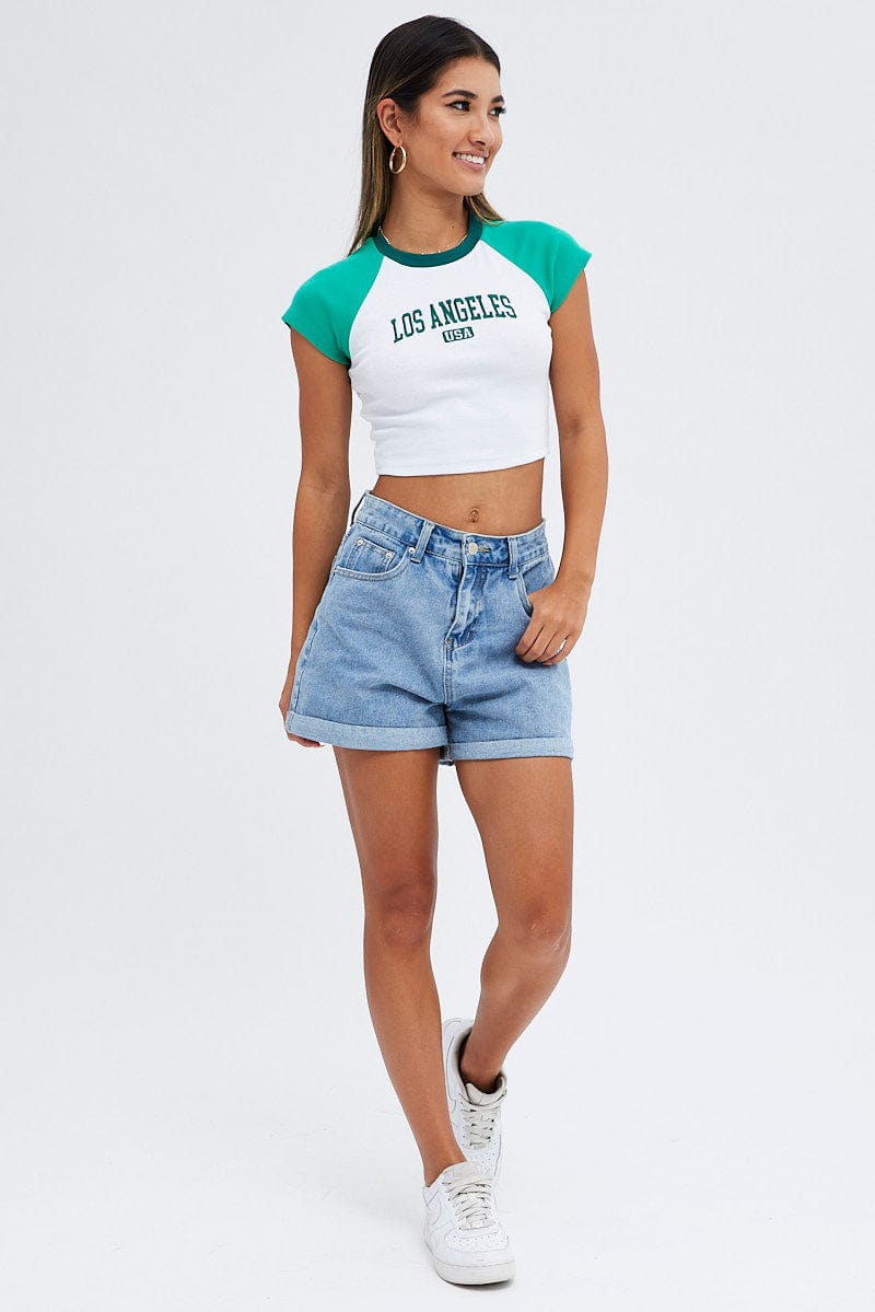 Green Tee Contrast Short Sleeve Round Neck Graphic