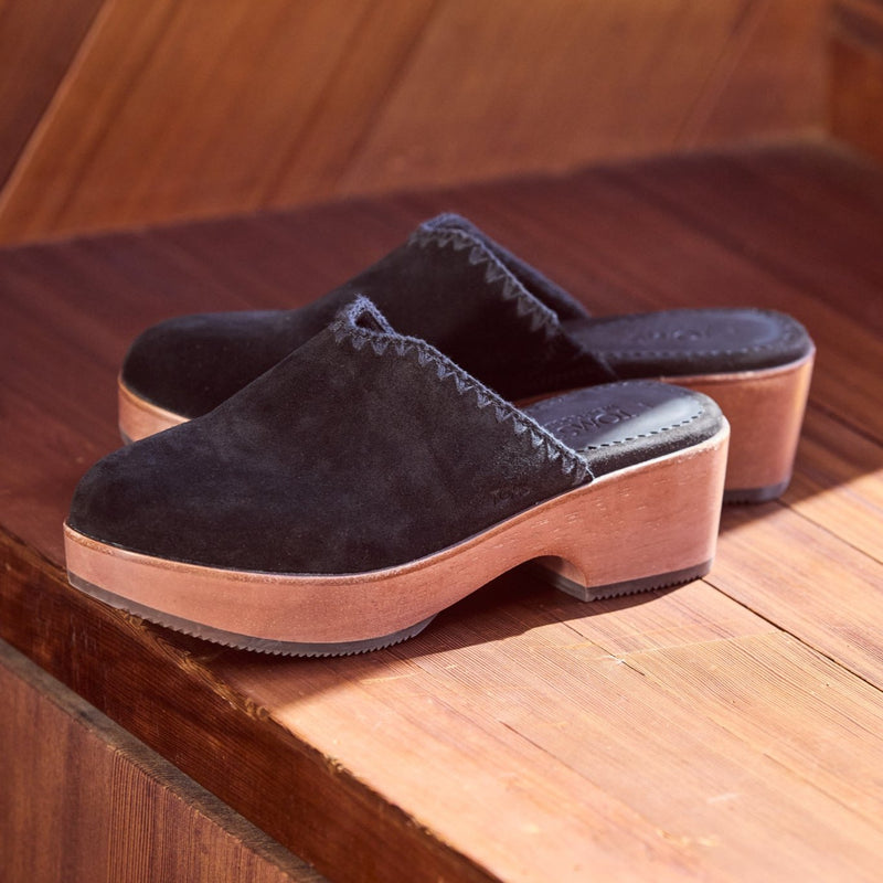 Addison Black Suede Deco Stitch Clog Heel