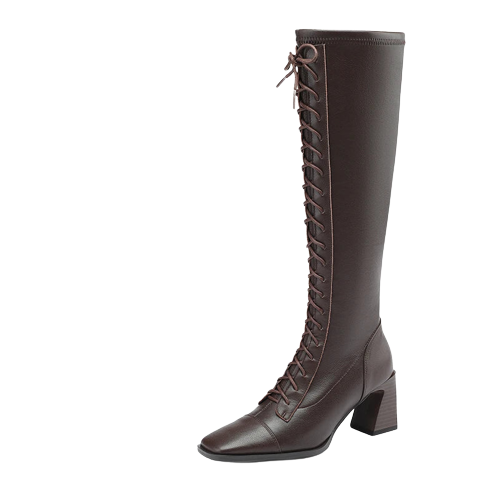 Square Toe Block Heel Knee High Leather Laceup Boots - Coffee Brown