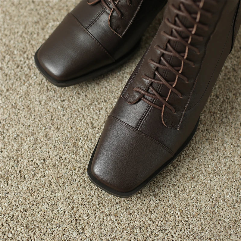 Square Toe Block Heel Knee High Leather Laceup Boots - Coffee Brown