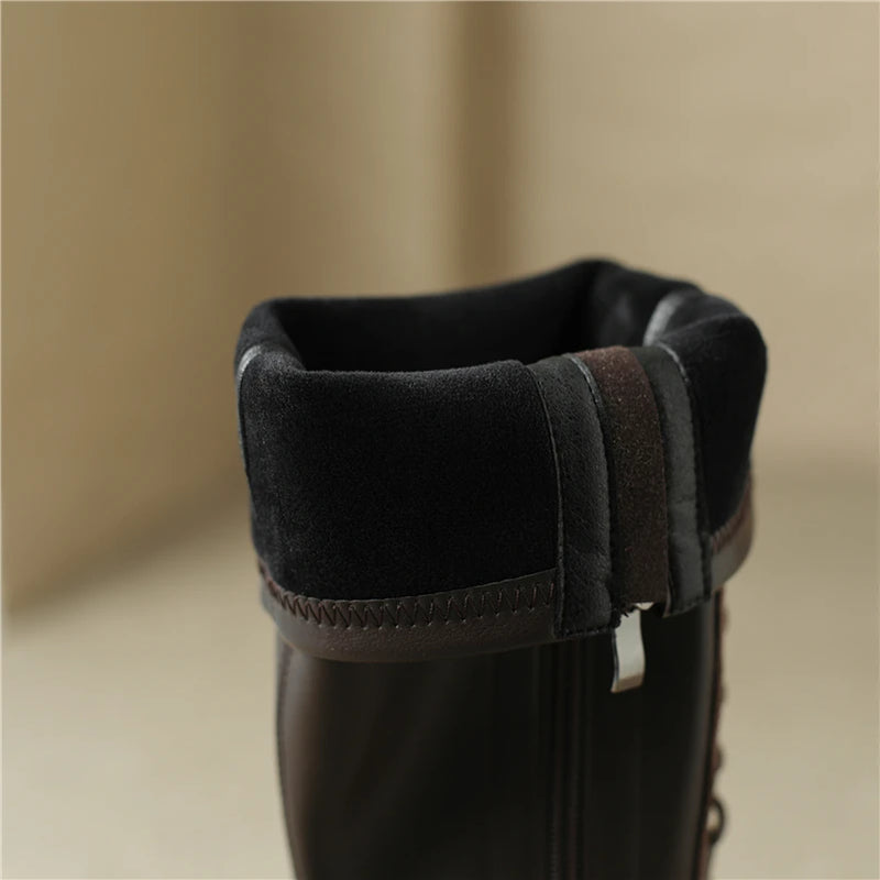Square Toe Block Heel Knee High Leather Laceup Boots - Coffee Brown