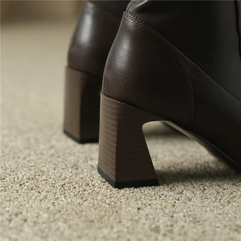Square Toe Block Heel Knee High Leather Laceup Boots - Coffee Brown