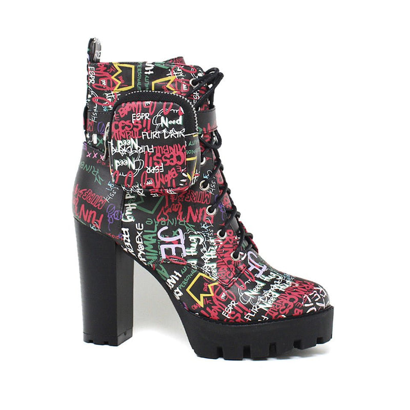 Side Pocket lace up Chunky High Heel Bootie YOKI Elan-20