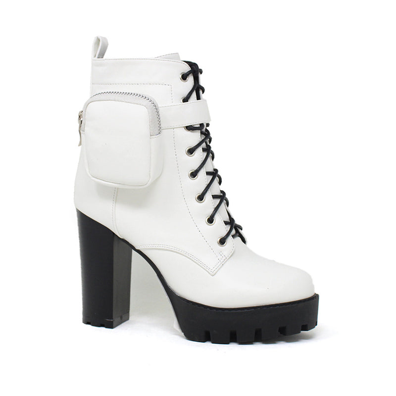 Side Pocket lace up Chunky High Heel Bootie YOKI Elan-20