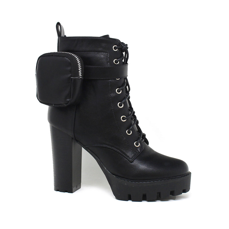 Side Pocket lace up Chunky High Heel Bootie YOKI Elan-20