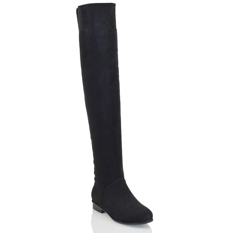 IVY FLAT LOW BLOCK HEEL THIGH HIGH OVER THE KNEE BOOTS IN BLACK FAUX SUEDE