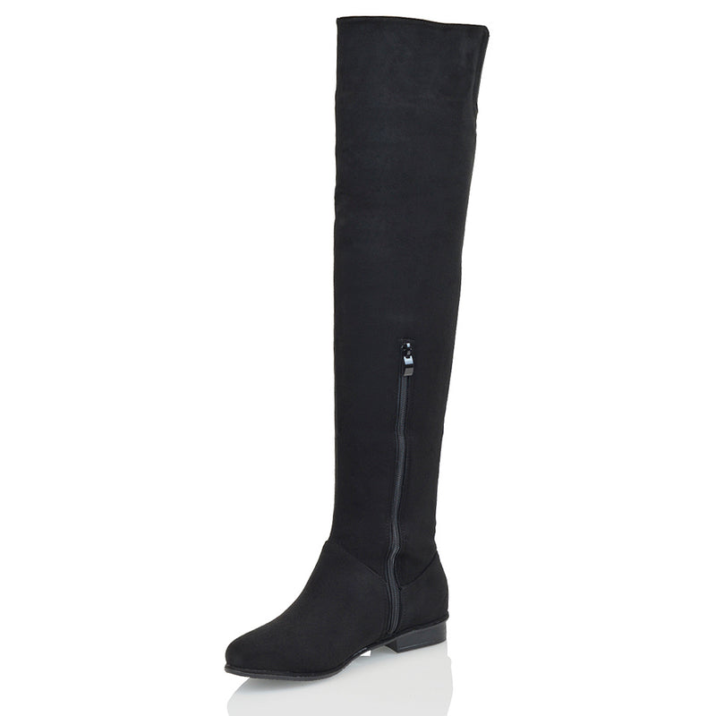 IVY FLAT LOW BLOCK HEEL THIGH HIGH OVER THE KNEE BOOTS IN BLACK FAUX SUEDE