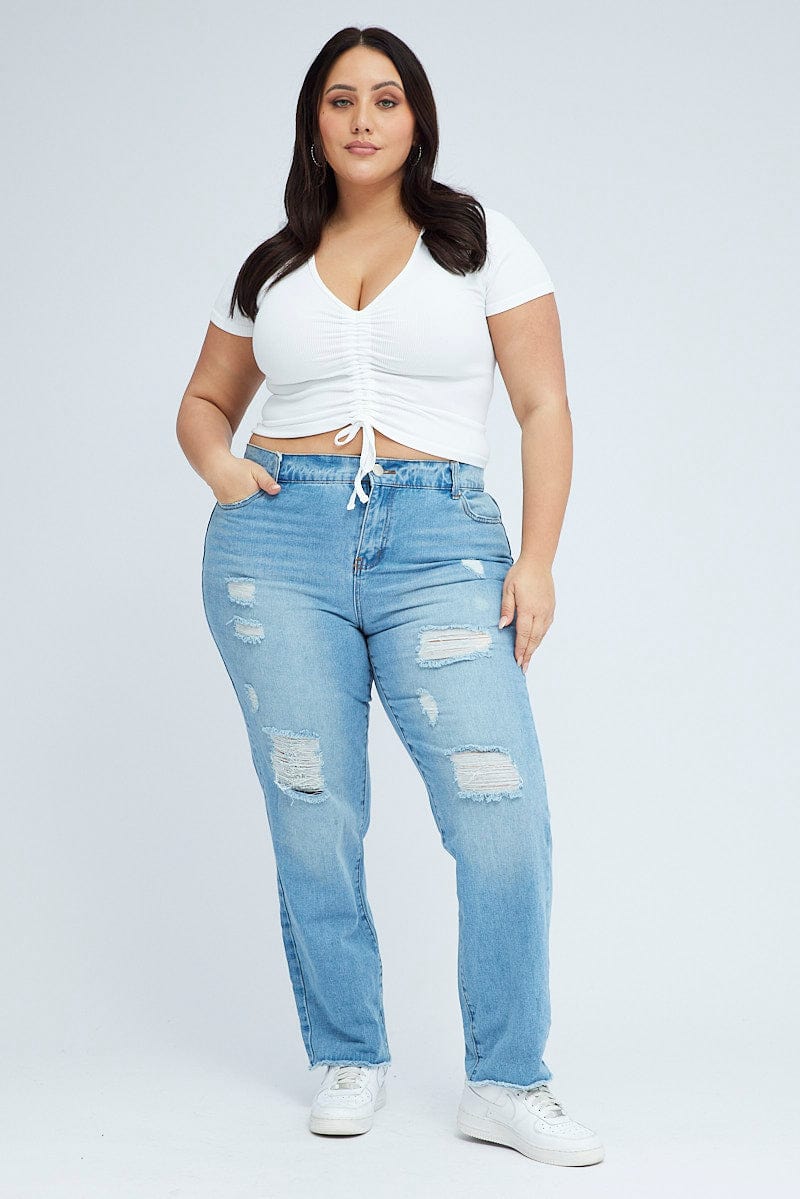 White Ruched Top Short Sleeve V-neck Seamless
