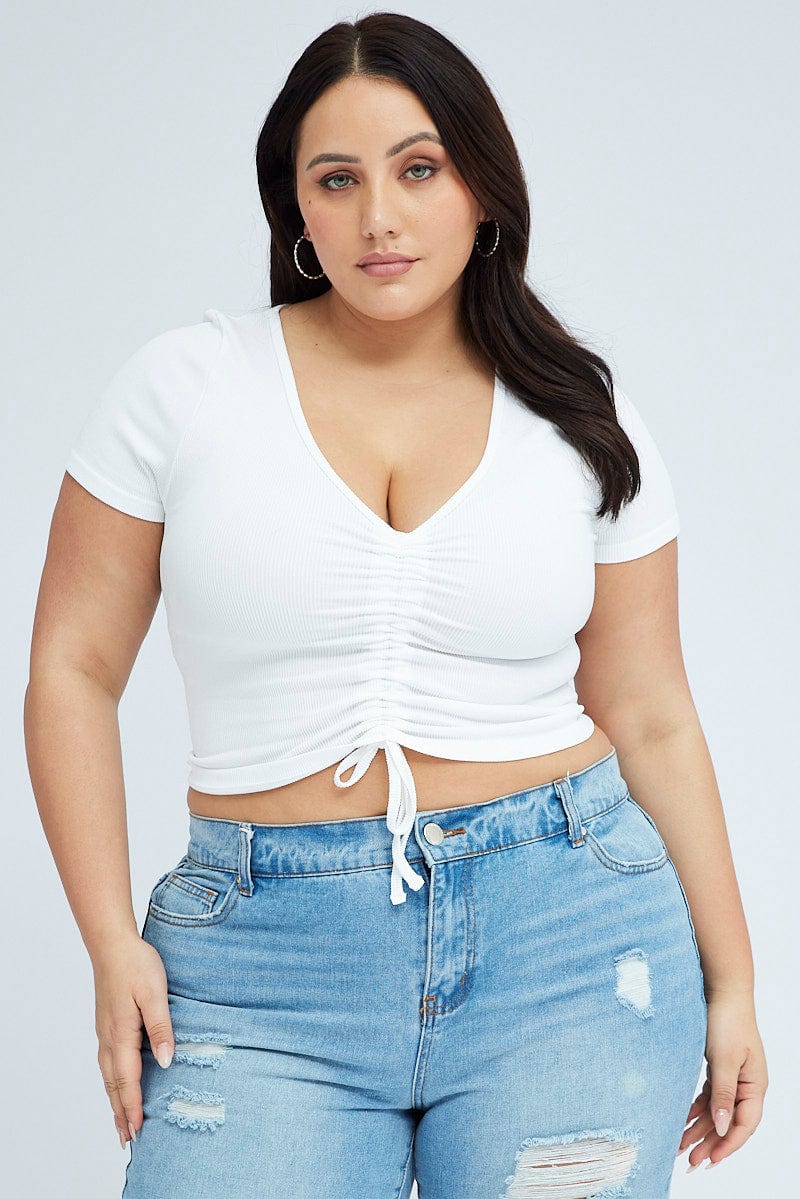 White Ruched Top Short Sleeve V-neck Seamless