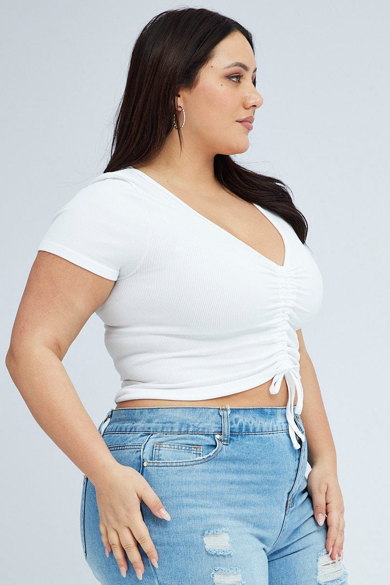 White Ruched Top Short Sleeve V-neck Seamless