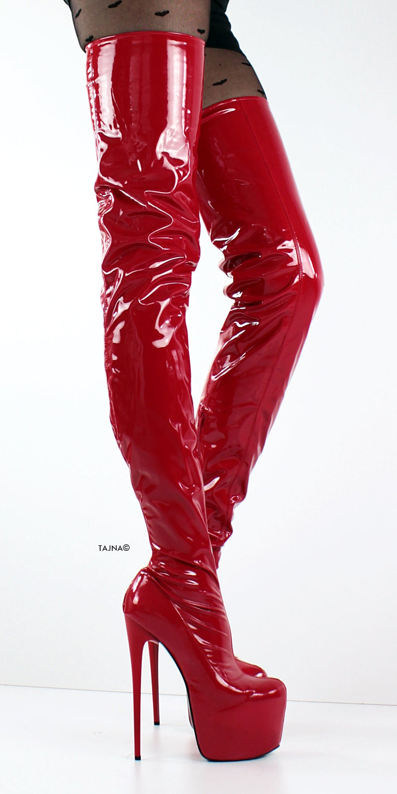 Glossy Red Patent Thigh High Strech Boots