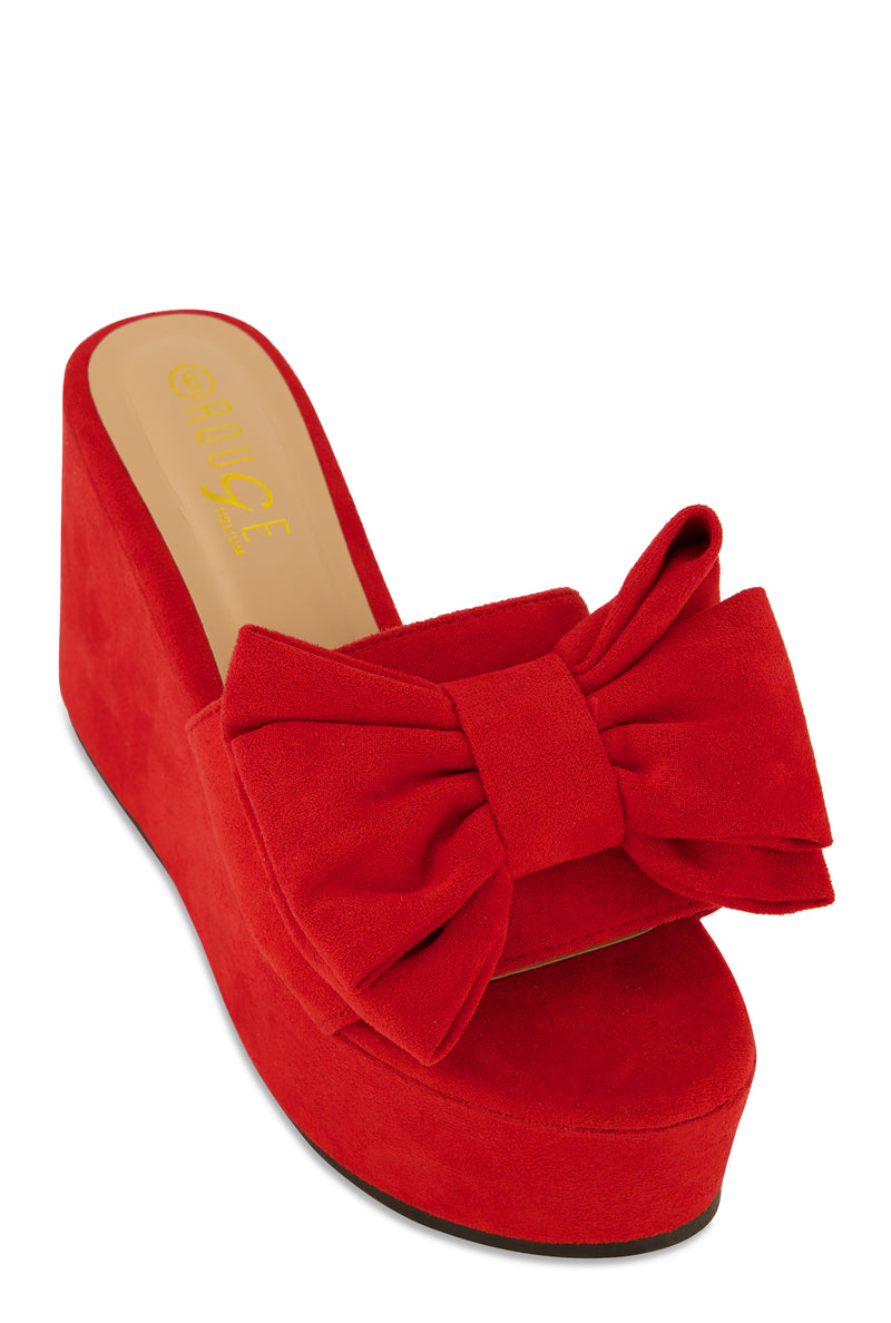 Double Bow Band Wedge Slide Sandals