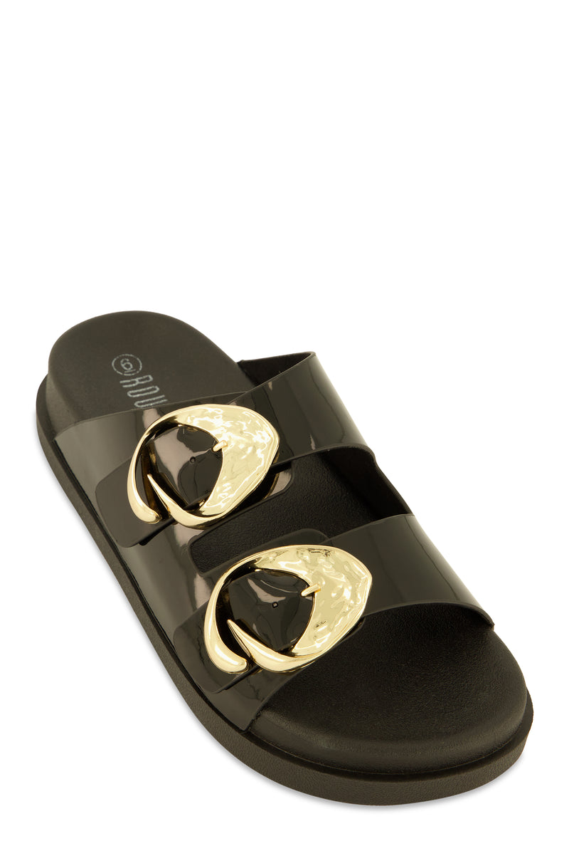Double Buckle Band Footbed Sandals