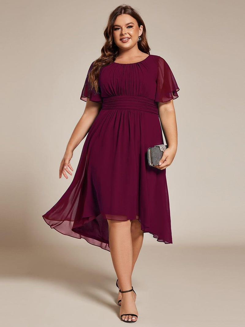 pretty EDEN|Plus Size Pleated Round Neckline A-Line Midi Chiffon Wedding Guest Dress