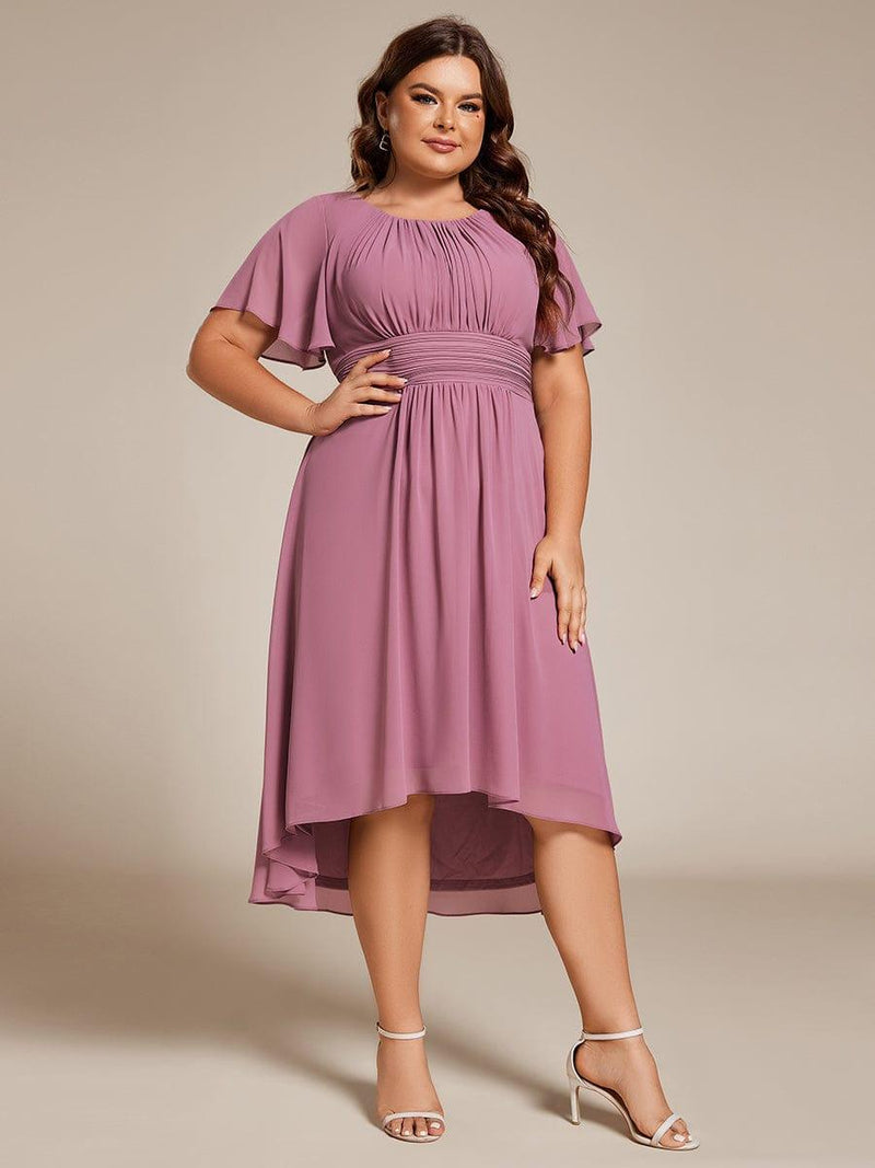 pretty EDEN|Plus Size Pleated Round Neckline A-Line Midi Chiffon Wedding Guest Dress