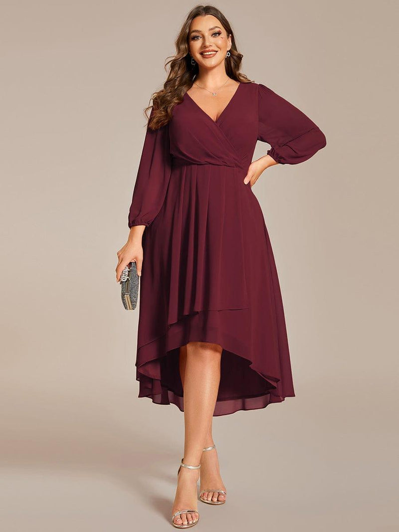 pretty BRIAR|Plus Size Chiffon A-Line Long Sleeves Asymmetrical Hem Wedding Guest Dress