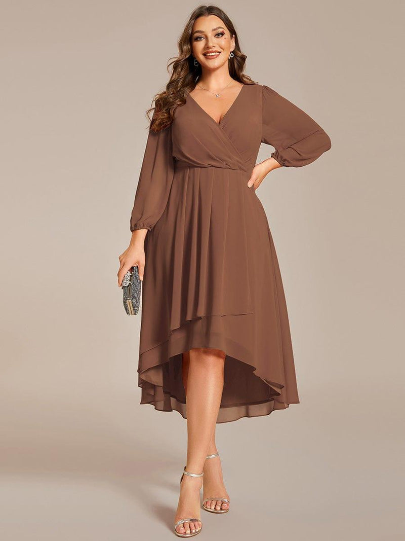 pretty BRIAR|Plus Size Chiffon A-Line Long Sleeves Asymmetrical Hem Wedding Guest Dress