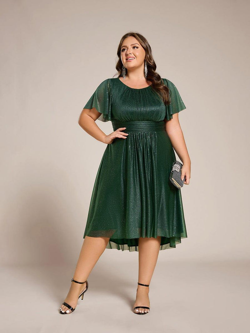 pretty CLARYN|Plus Size Sequin Round Neck Asymmetrical Midi Wedding Guest Dress