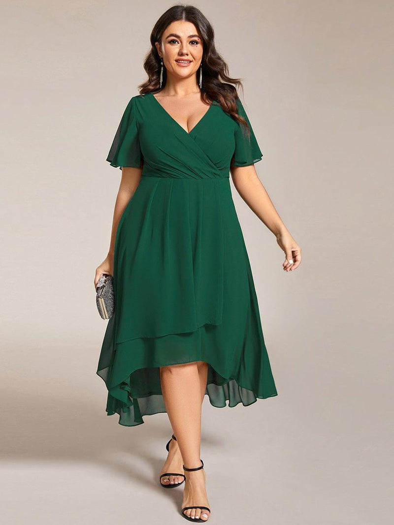 pretty LARK|Plus Size Chiffon Short Sleeve High-Low Wedding Guest Dress