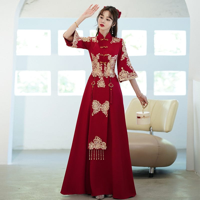 Floral embroidery, A line, burgundy plus size Cheongsam