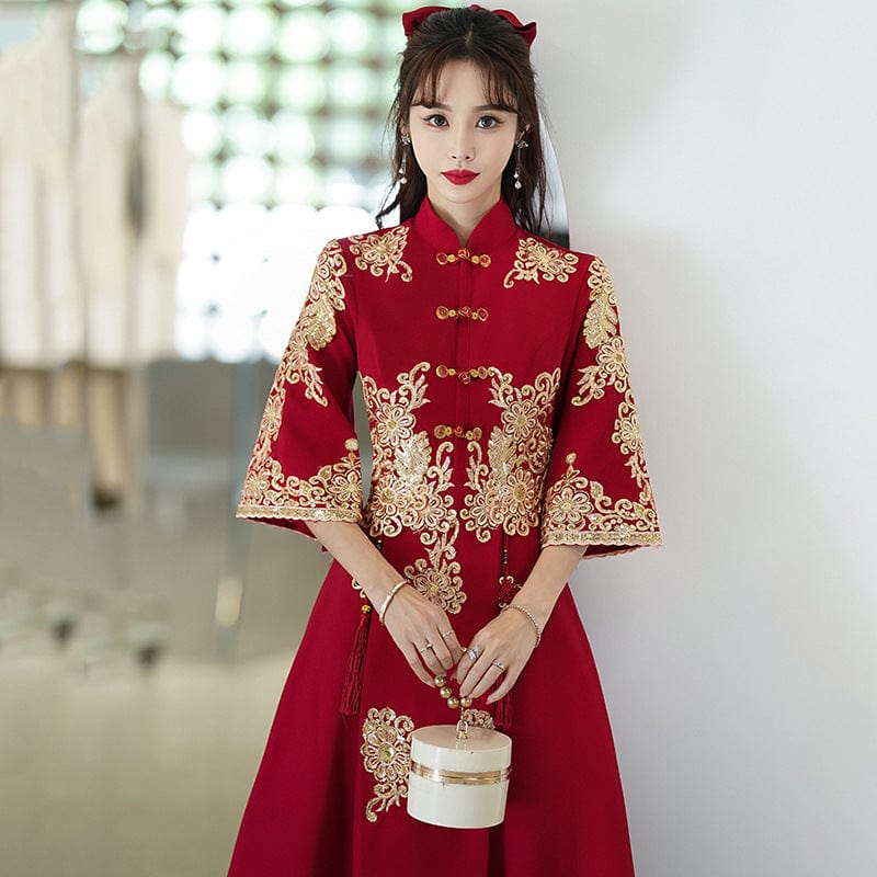 Floral embroidery, A line, burgundy plus size Cheongsam