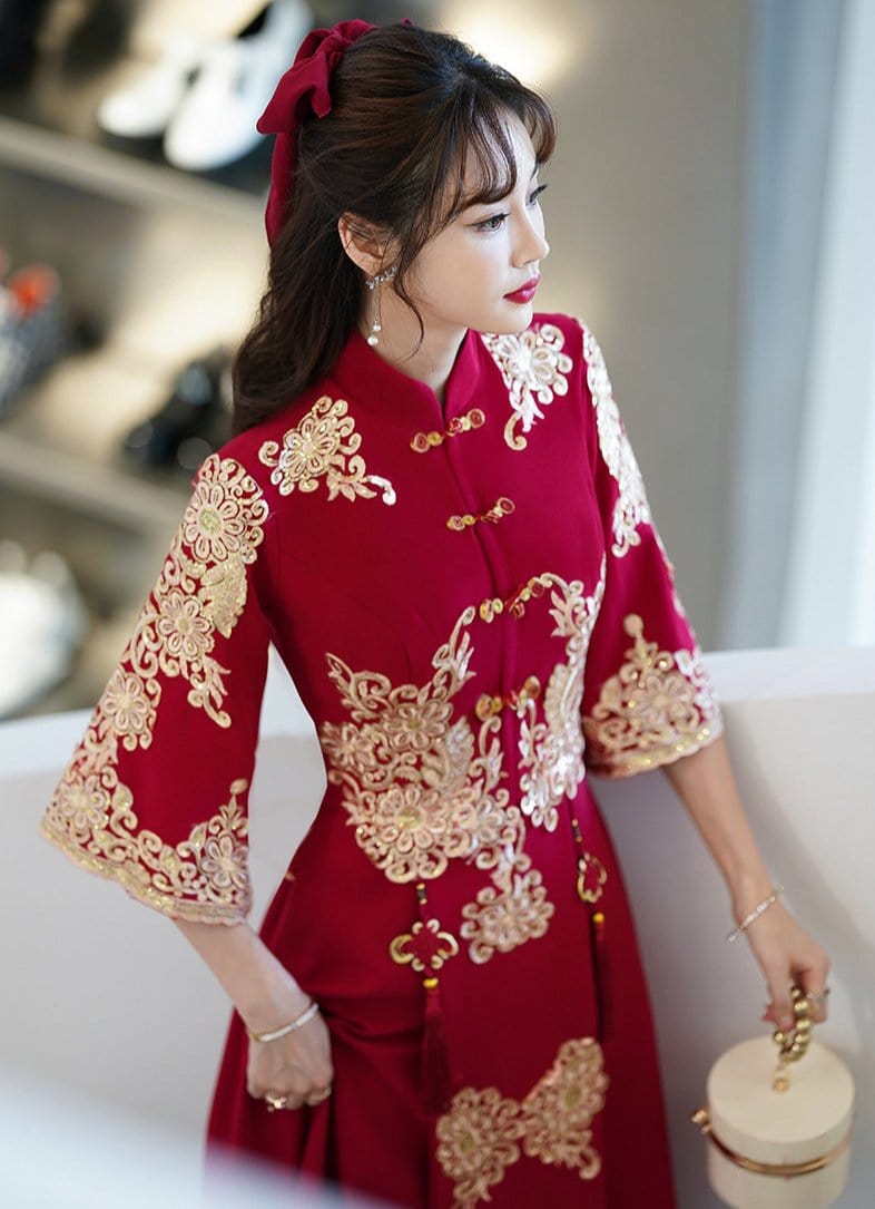 Floral embroidery, A line, burgundy plus size Cheongsam