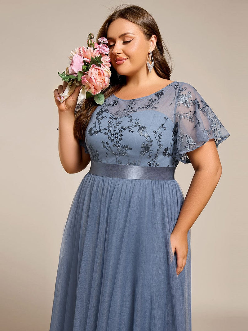 pretty MARA|Plus Size Round Neckline Embellished Tulle Midi Junior Bridesmaid Dress