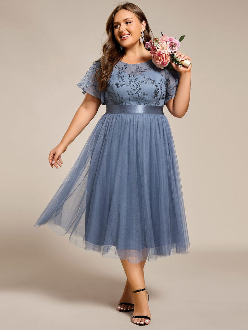 pretty MARA|Plus Size Round Neckline Embellished Tulle Midi Junior Bridesmaid Dress