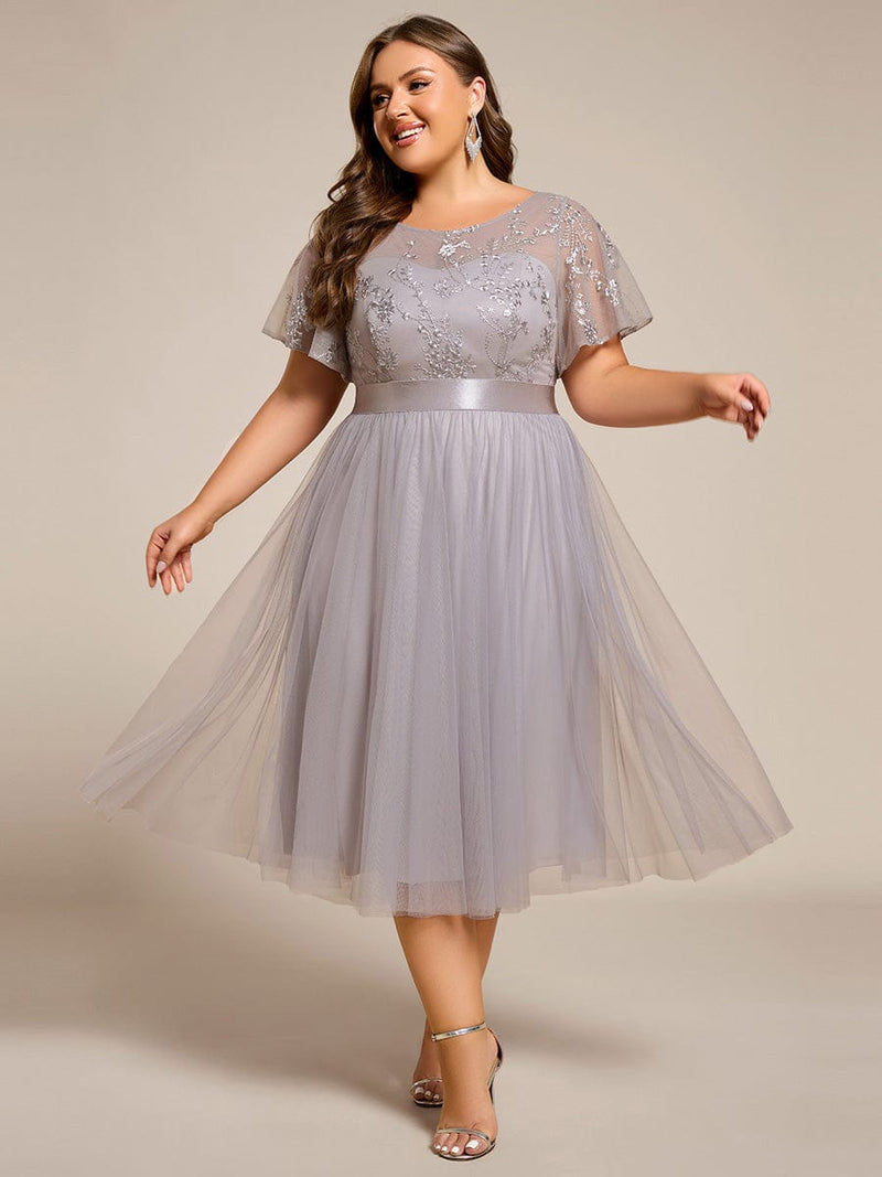 pretty MARA|Plus Size Round Neckline Embellished Tulle Midi Junior Bridesmaid Dress