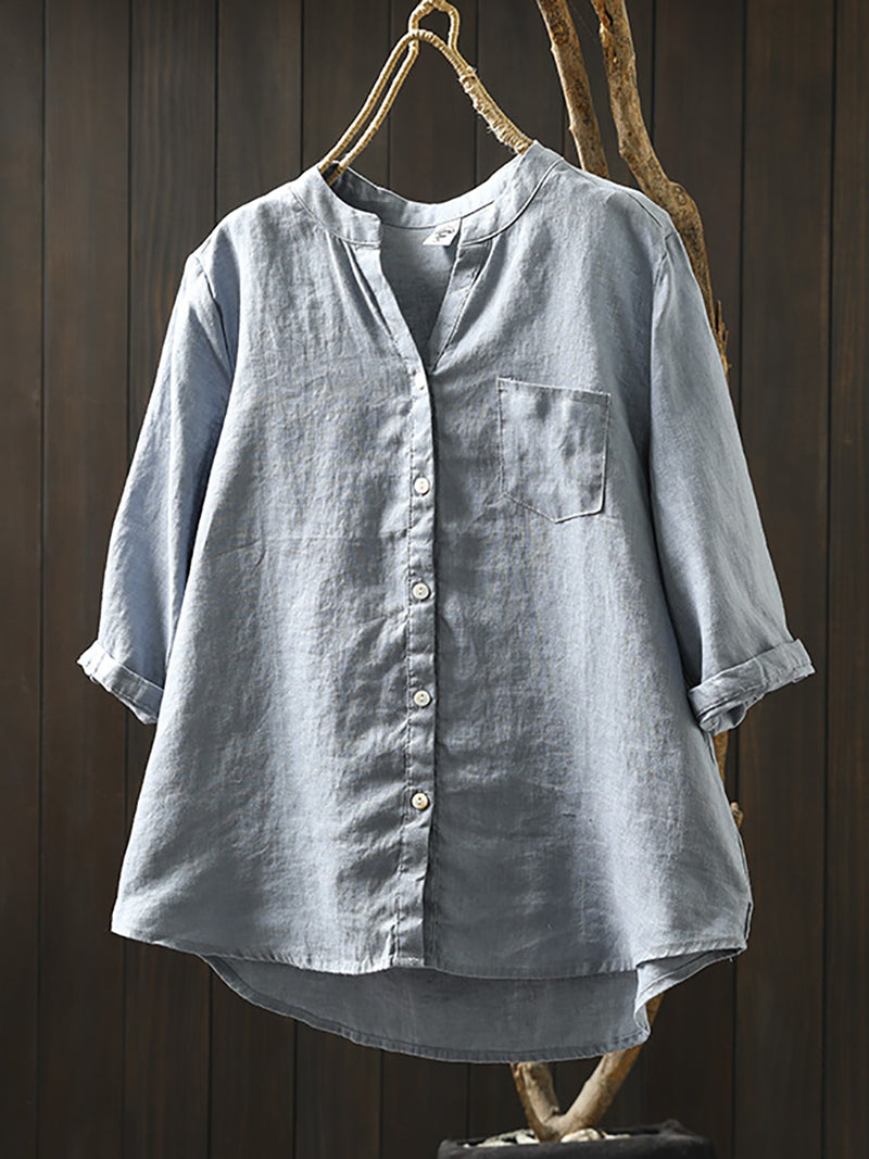 Plus Size Women Summer V-Neck Pure Color 100%Linen Shirt