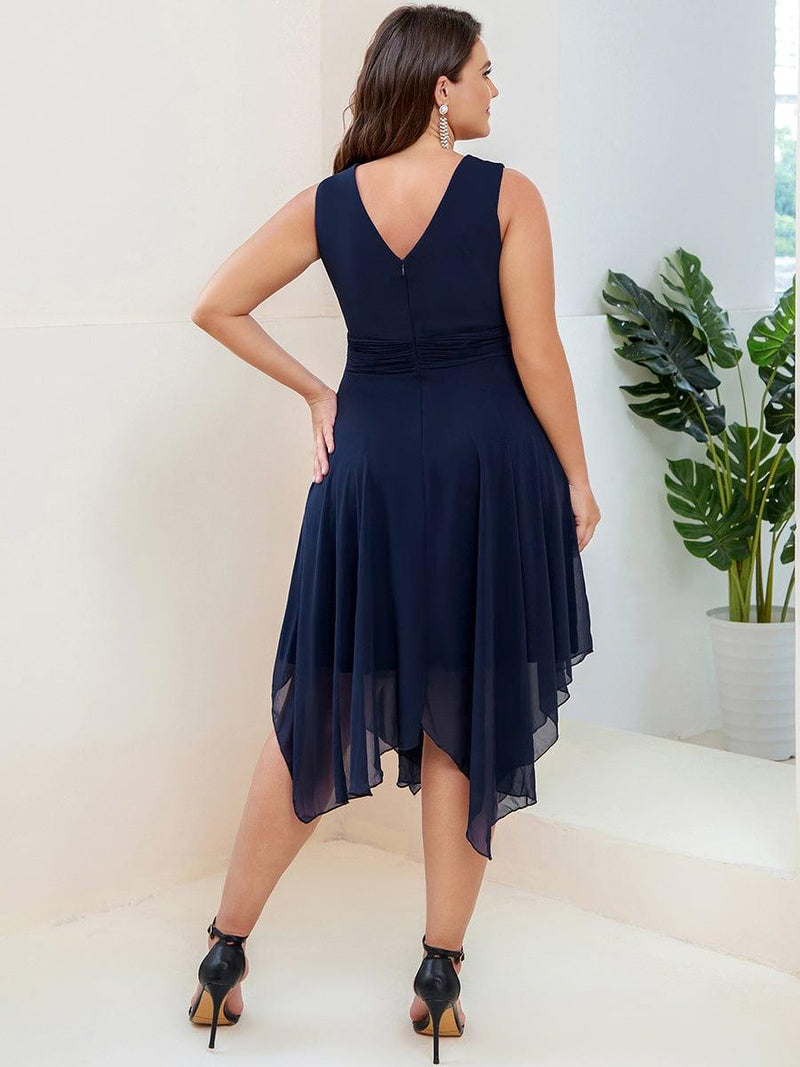 pretty ELORA|Plus Size Double V Neck Ruched-Waist Midi Chiffon Bridesmaid Dress