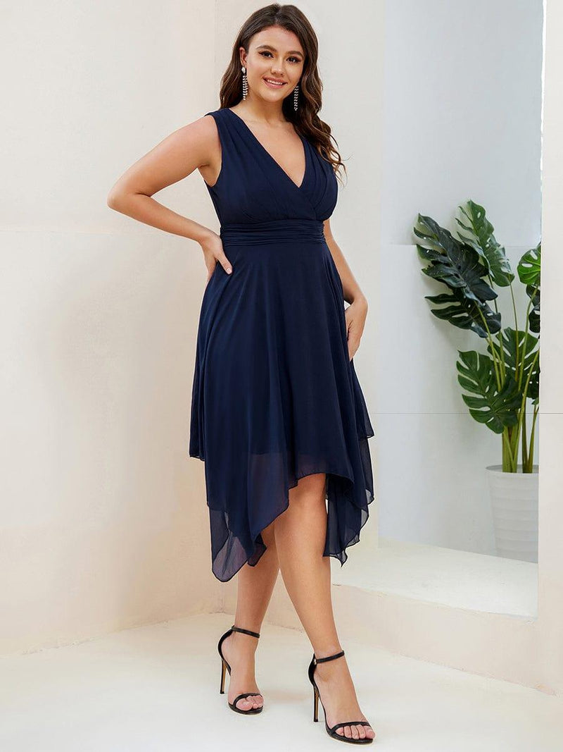 pretty ELORA|Plus Size Double V Neck Ruched-Waist Midi Chiffon Bridesmaid Dress