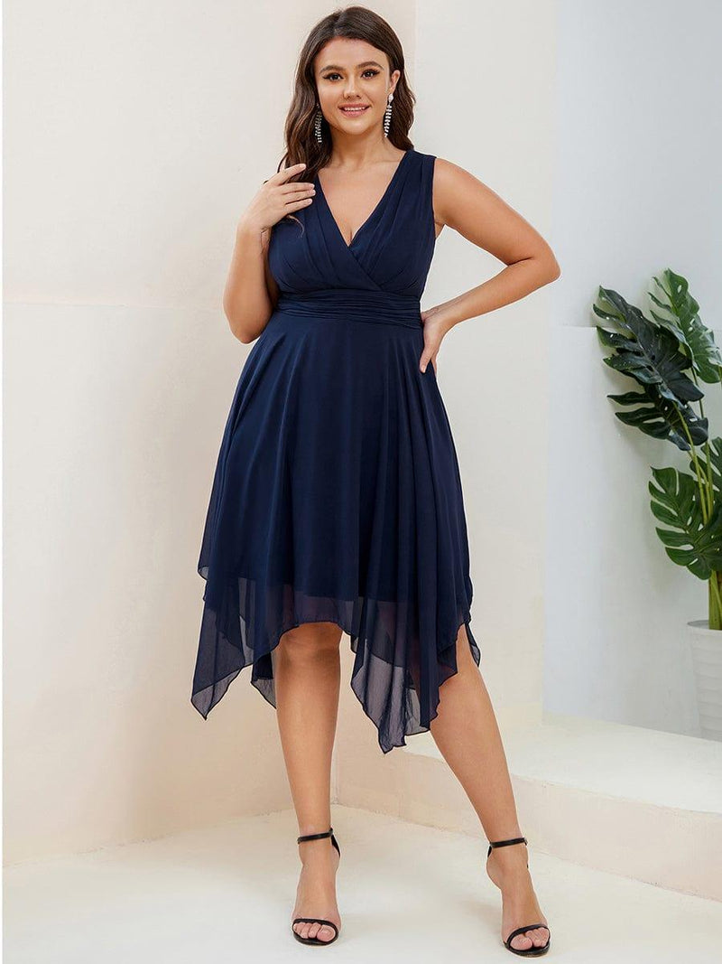 pretty ELORA|Plus Size Double V Neck Ruched-Waist Midi Chiffon Bridesmaid Dress