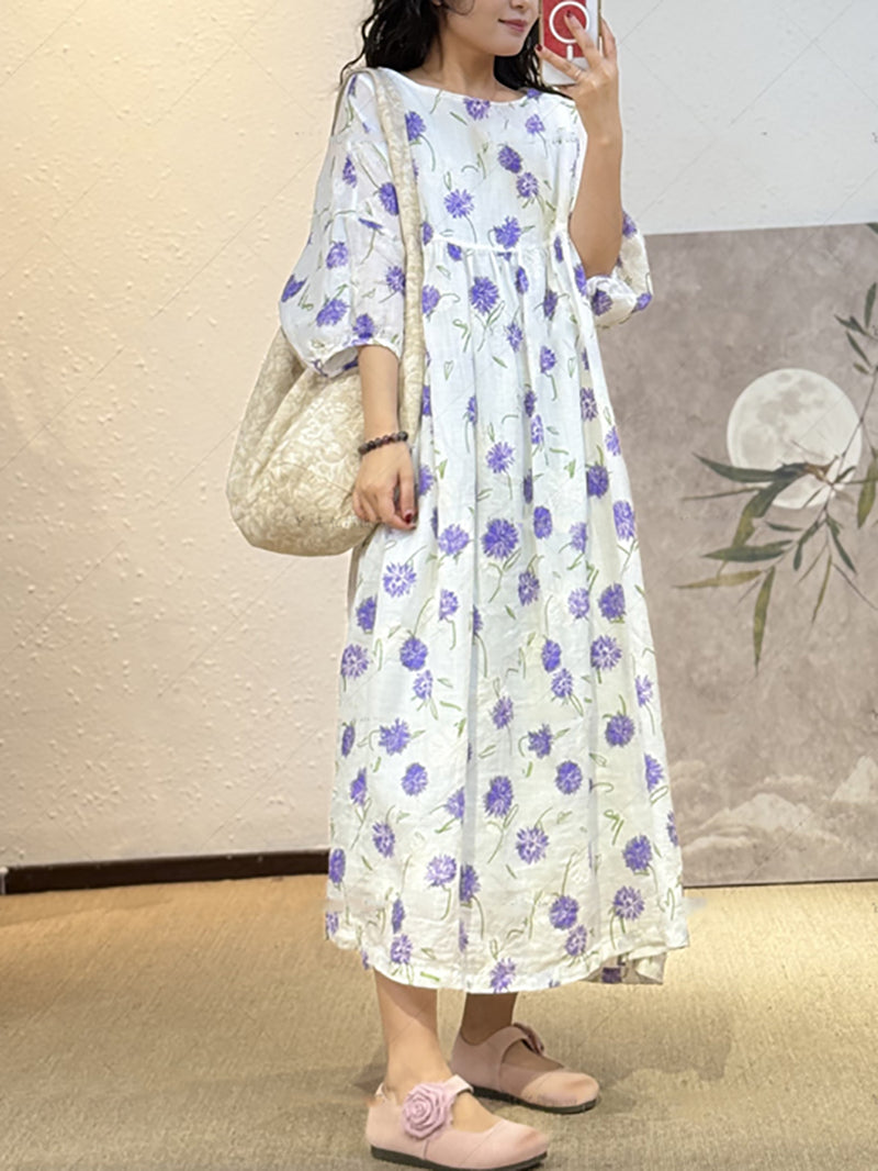 Plus Size Women Summer Artsy Flower O-Neck Dress