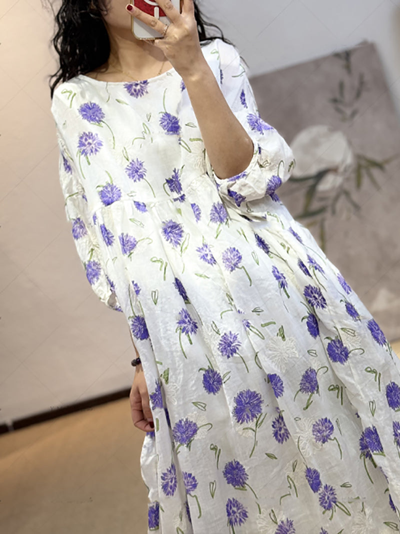 Plus Size Women Summer Artsy Flower O-Neck Dress