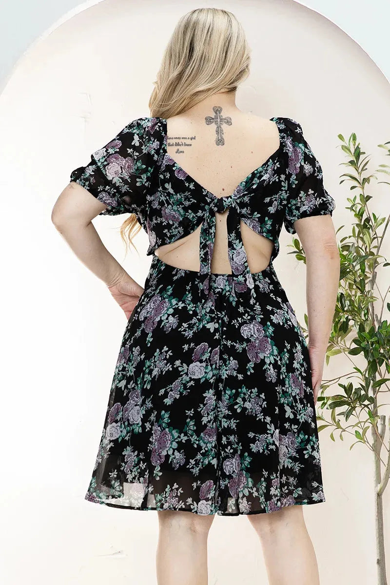 Plus Size Floral Short Balloon Sleeve Mini Dress