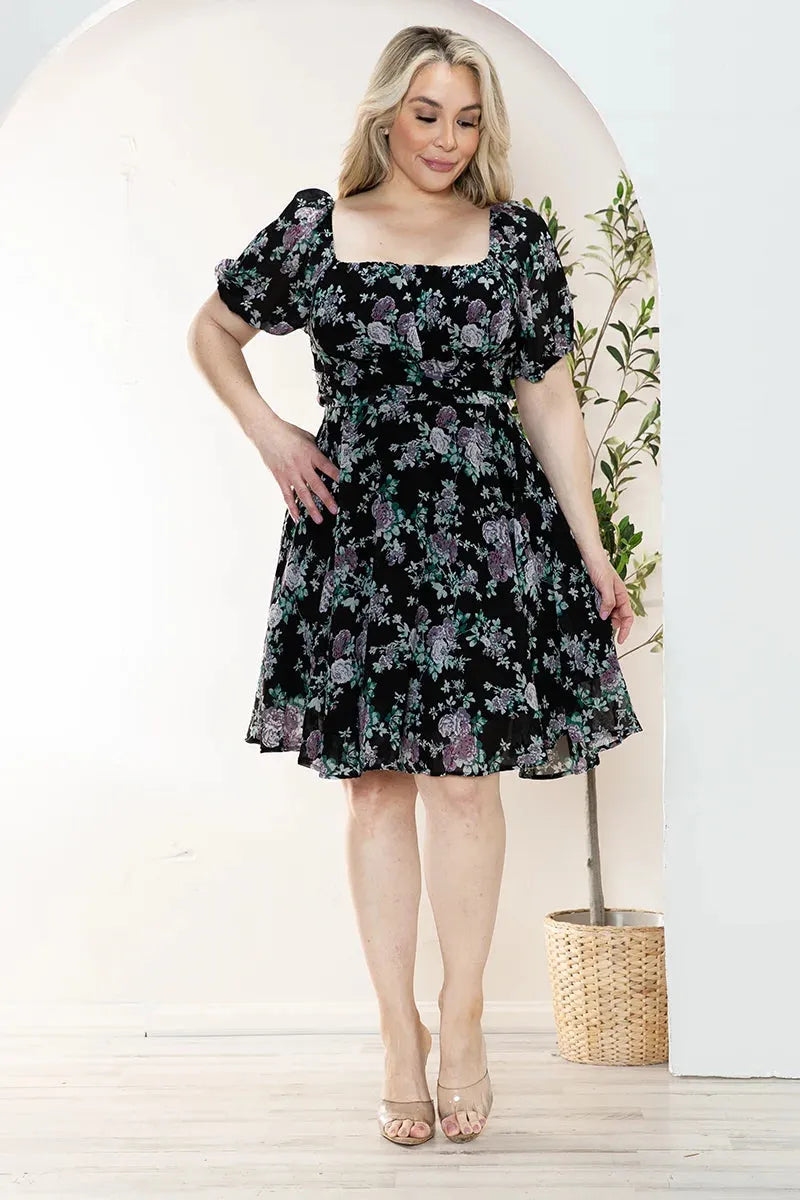 Plus Size Floral Short Balloon Sleeve Mini Dress