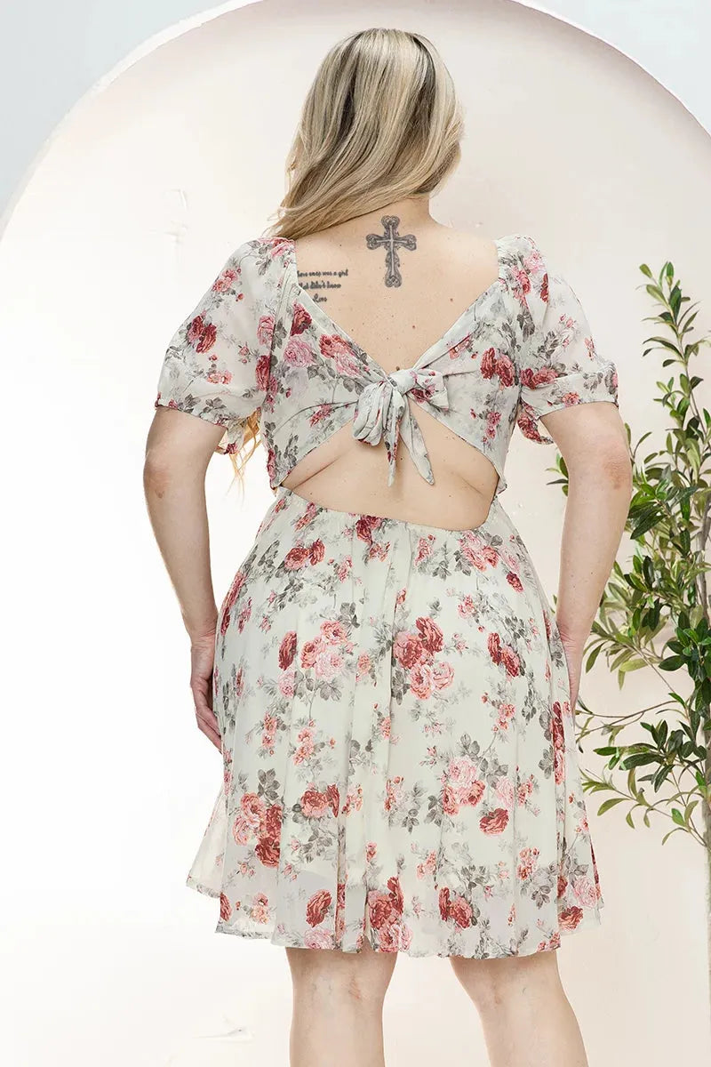 Plus Size Floral Short Balloon Sleeve Mini Dress