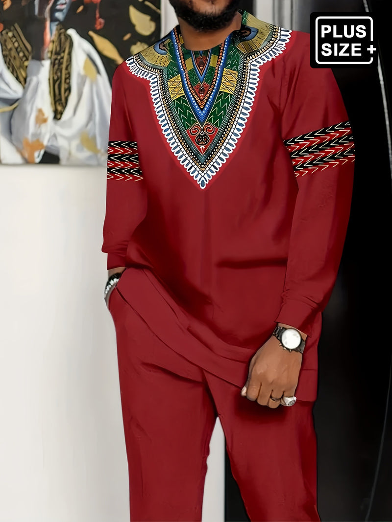 Plus Size African Dashiki Ethnic Printed Red Men's Set